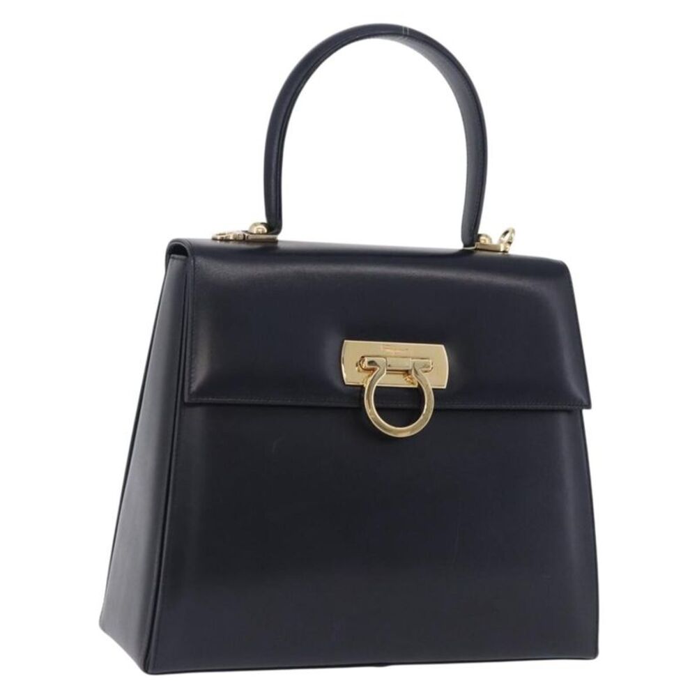 Salvatore Ferragamo Convertible Top Handle Leather Navy Leather Handbag